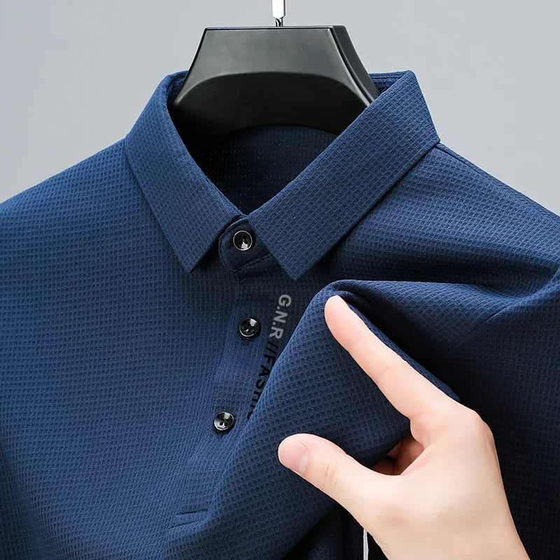 Men's Waffle Long Sleeved POLO Shirt with Letter Printed Lapel Casual Top Quick Pick Grocers
