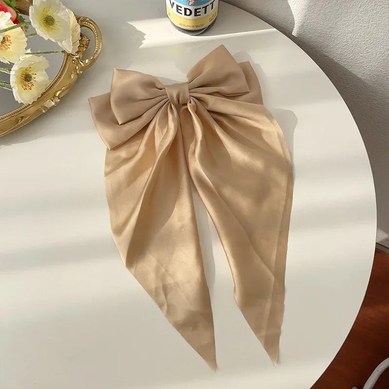 Korean Accessories Hair Clips for Women Girls Big Bowknot Solid Satin Long Ribbon Bows Spring Clamp Barette Cheveux Femme 2023 Quick Pick Grocers