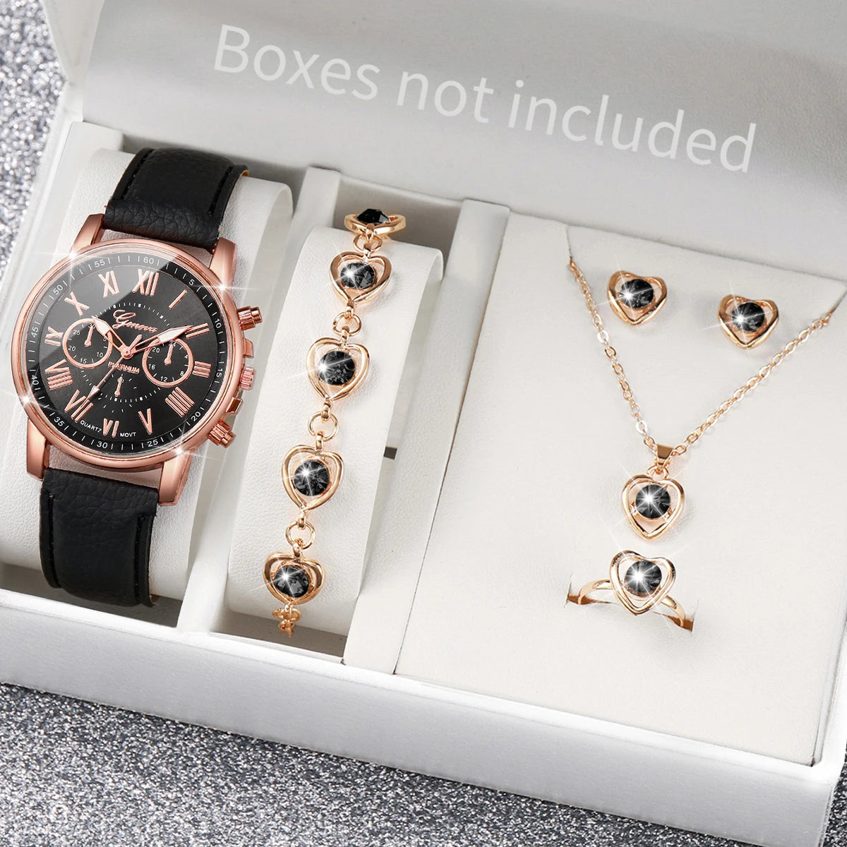 5/6PCS Fashion Women's Quartz Watch Leather Band Analog Wrist Watches Heart Rhinestone Jewelry Set(Without Box) Quick Pick Grocers
