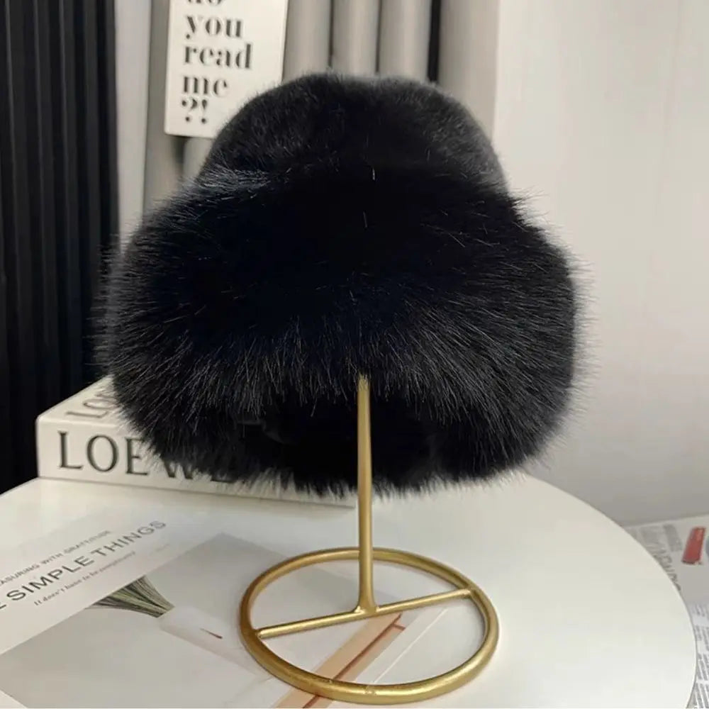 Fluffy Fur Fisherman Hat For Women Winter Plush Ear Protection Cap Windproof Warm Female Panama Caps Solid Fashion Bucket Hat Purest Peak