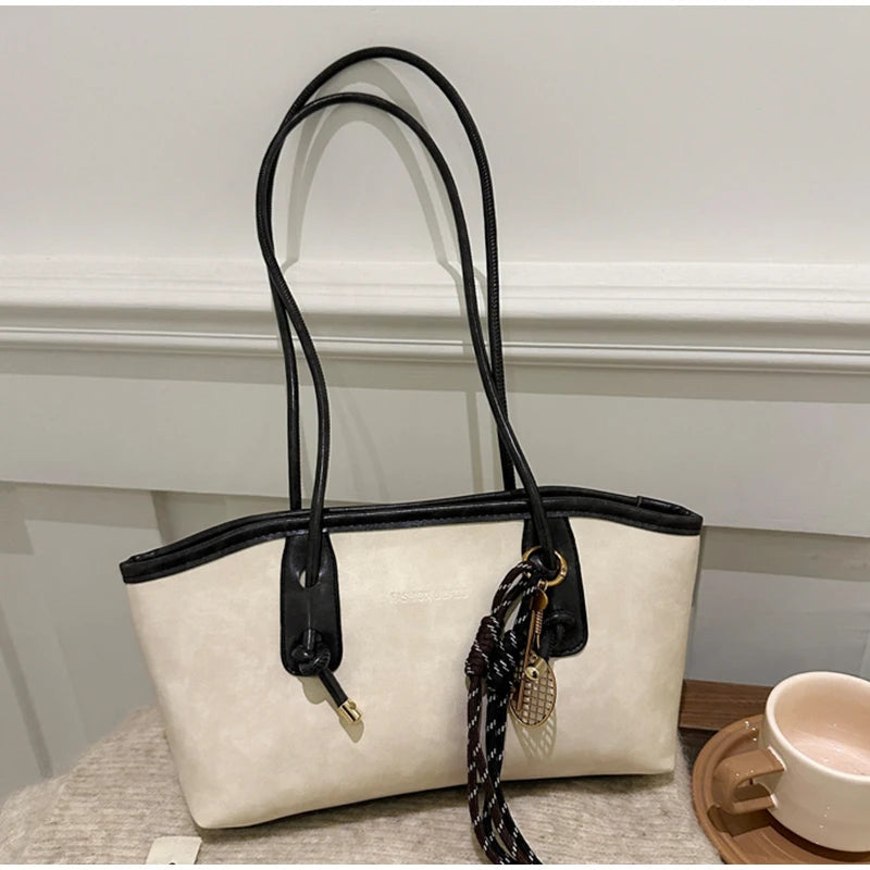 European American Retro Tote Bag, Korean Fashion Shoulder Bags Advanced Simple Handbag New Large Capacity Pendant Versatile Bags Quick Pick Grocers