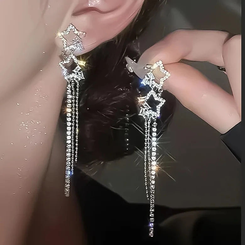 2024 New Simple Stars Tassel Earrings for Women Korean Charm Delicate Shiny Rhinestone Drop Earring Fashion Wedding Gift Jewelry Econic Blanks
