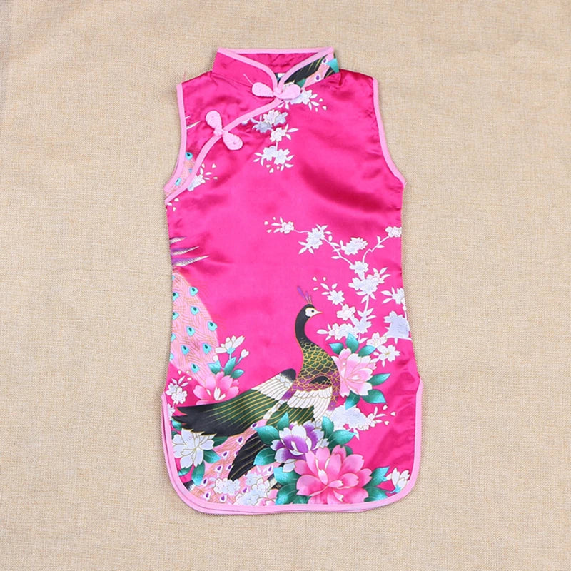 Cheongsam Dress Baby Girl Qipao Summer Clothes Peacock Sleeveless Slim Traditional Dress Child Girls Clothes Chinese Style Quick Pick Grocers