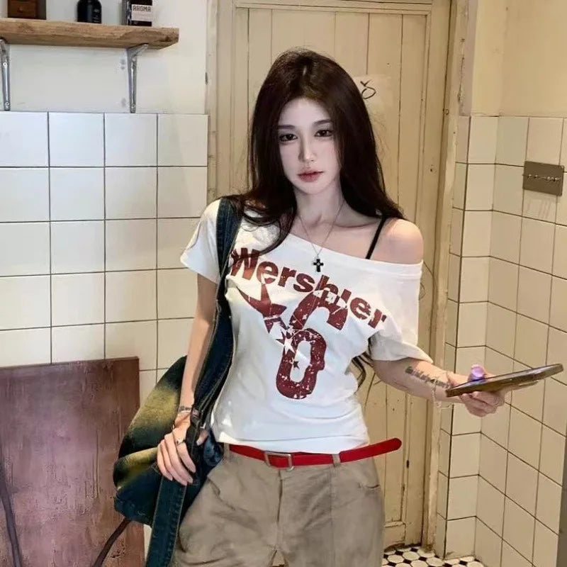 Y2k Sport Summer Off shoulder Top Women Sexy Vintage 2000s Short sleeve T shirt Lady Body Basic Crop Top Female Casual Quick Pick Grocers