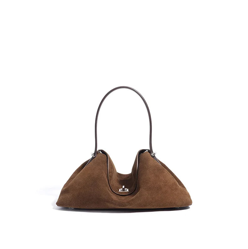 2026 Autumn Winter All-match Bowling Tote All-match Matte Suede Cowhide Leather Women Shoulder Bag Coffee Purple Noble Handbag Quick Pick Grocers