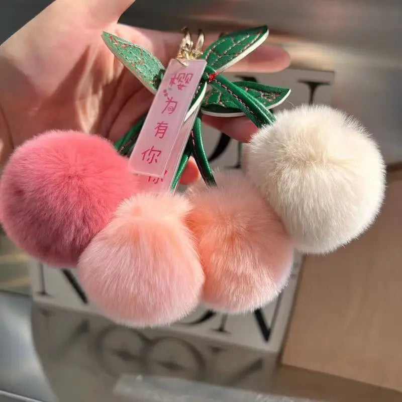 ZAKOL New Cute Fluffy Rex Rabbit Fur Ball Pompom Leaf Keychain Cherry Key Chain Handbag Car Key Chain Ring Gift Quick Pick Grocers