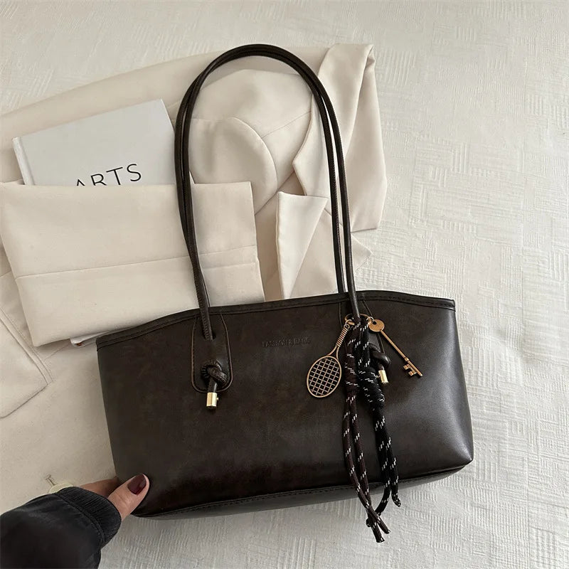European American Retro Tote Bag, Korean Fashion Shoulder Bags Advanced Simple Handbag New Large Capacity Pendant Versatile Bags Quick Pick Grocers