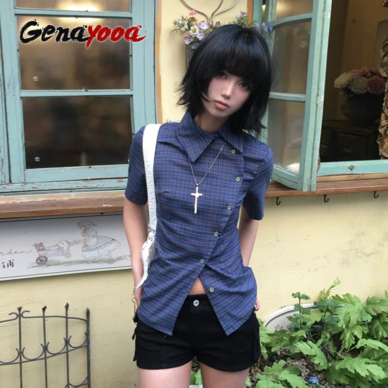 Genayooa Vintage Plaid Casual Shirt Women Short Sleeve Y2k Tops Japanese 2000s Summer Shirt Irregular American Retro 90s Tshirts Quick Pick Grocers