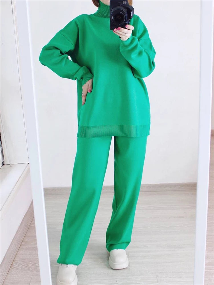 Autumn Winter 2 Pieces Women Sets Knitted Tracksuit Turtleneck Sweater and Straight Jogging Pants Suits Quick Pick Grocers