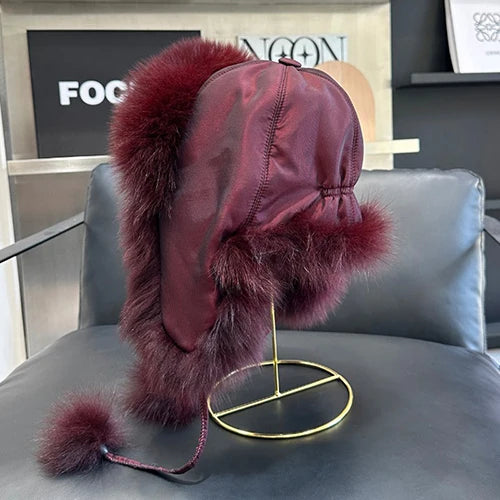 2025 100% Real Fox Fur Hats Women's Russian Ushanka Aviator Trapper Snow Skiing Hat Caps Earflap Winter Raccoon Fur Bomber Hat Purest Peak