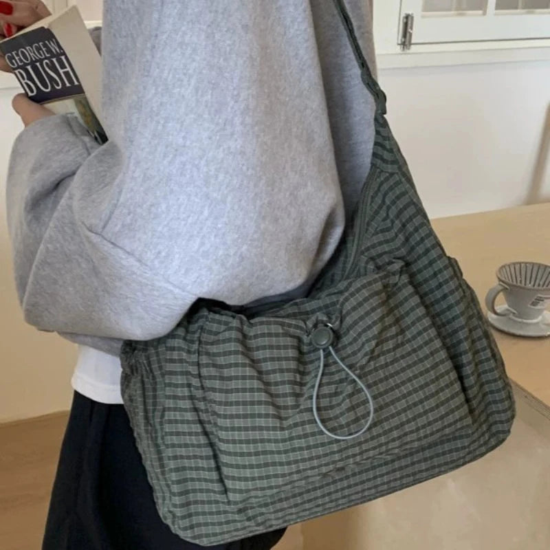 Korean Nylon Shoulder Bags Fashion Simple Plaid Zipper Tote Drawstring Pleated Cloud Bags New Commuter Crossbody Shoulder Bag Quick Pick Grocers