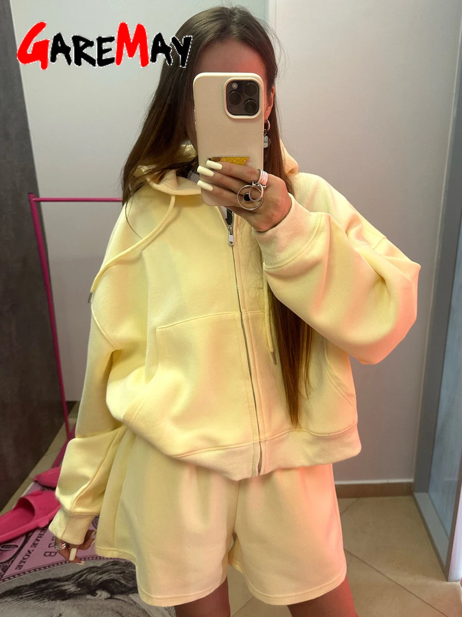 Women's Summer Tracksuit with Shorts Zipper Cotton Oversize Top and Shorts Two Piece Set Casual Sports Yellow Suit for Women Quick Pick Grocers