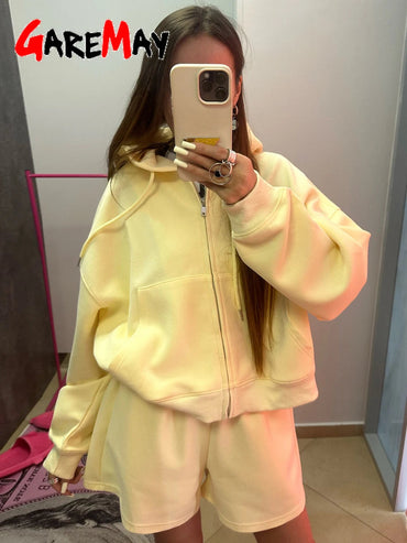 Women's Summer Tracksuit with Shorts Zipper Cotton Oversize Top and Shorts Two Piece Set Casual Sports Yellow Suit for Women Quick Pick Grocers