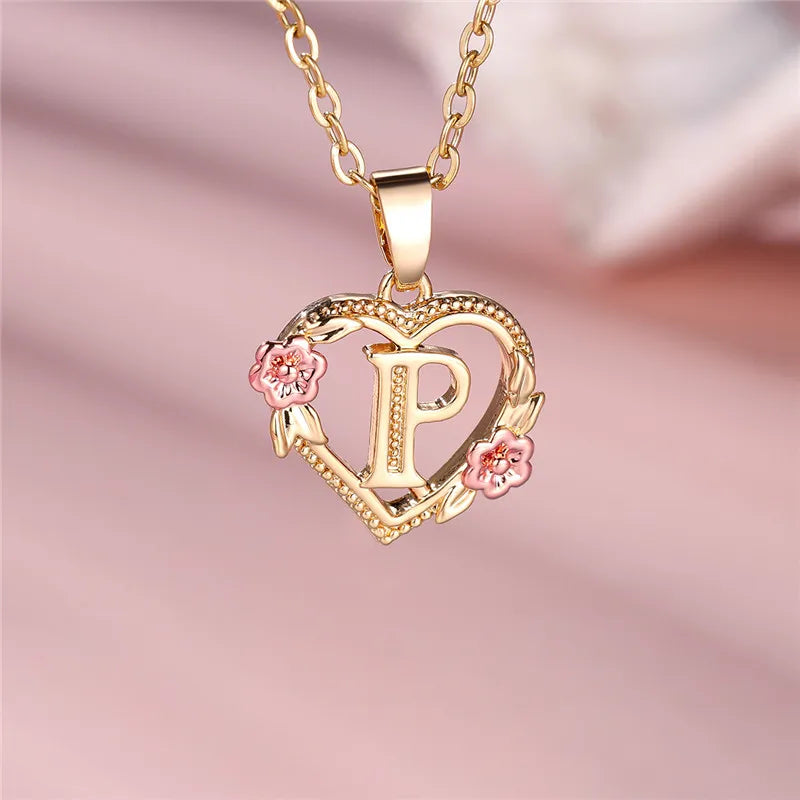 Female A-Z Letter Flower Pendant Necklace Yellow Gold Color Wedding Jewelry Gift For Women Quick Pick Grocers