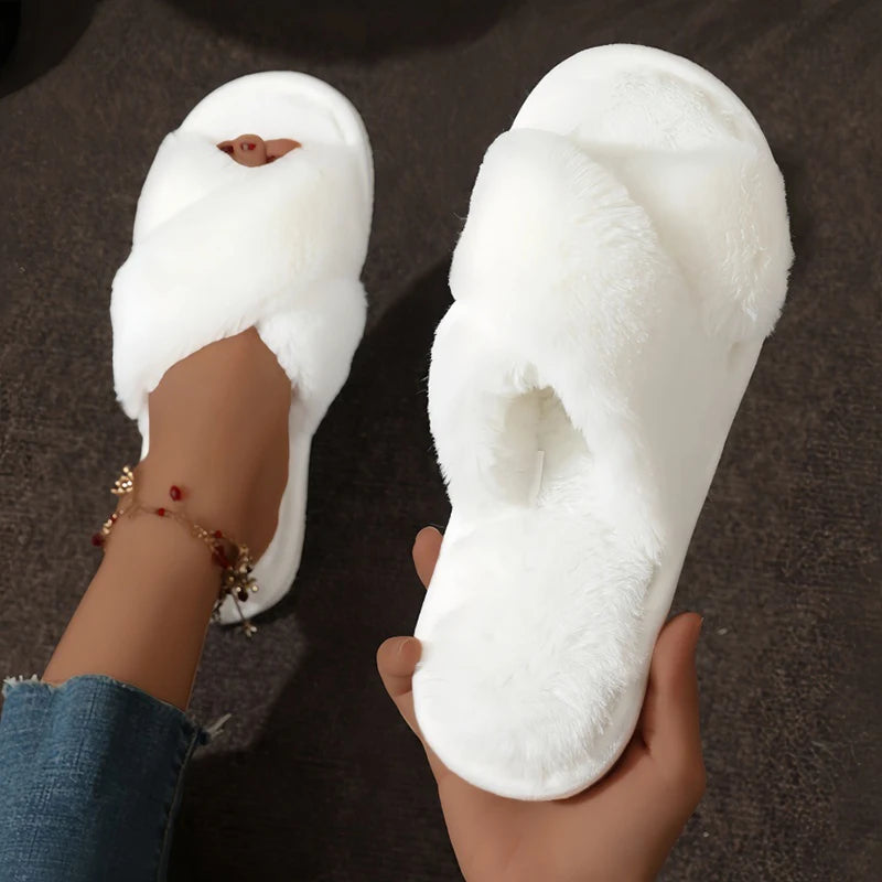 Cross Warm Fluffy Furry Slippers Women Lightweight Flat Heels Fur Slides Woman Autumn Winter Open Toe Non Slip Home Floor Shoes Purest Peak