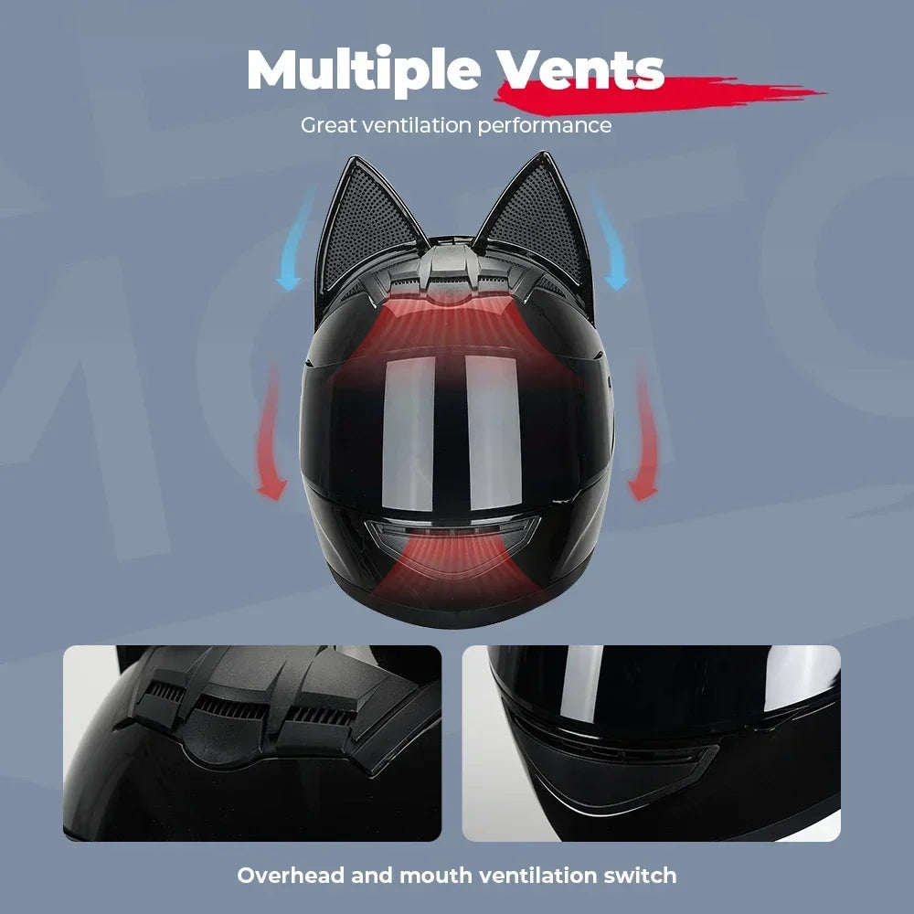Cat Ear Motorcycle Helmet Full Face Detachable DOT Certification Safety Moto Helmet For Women Men Breathable Gift For Girlfriend
