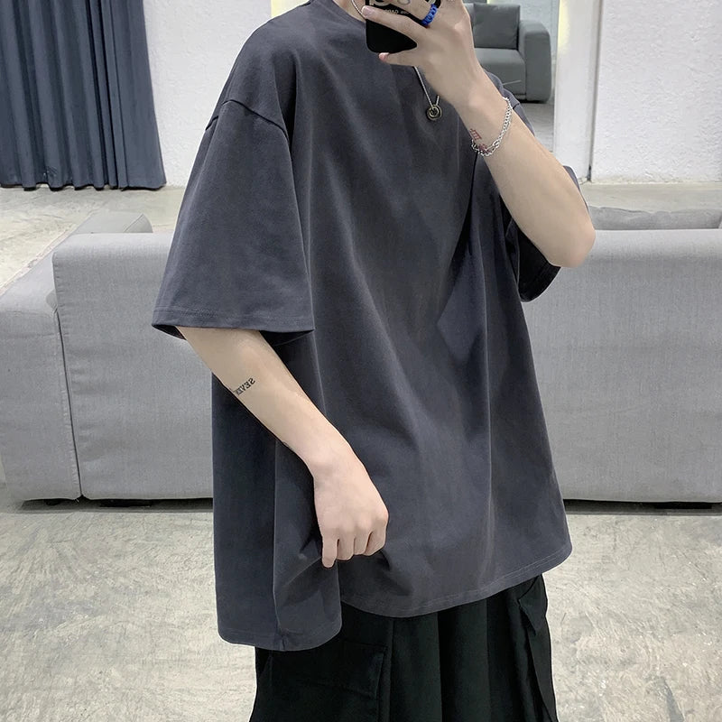 Oversized Summer Short Sleeve Men's T Shirt New Fashion Solid Loose O-Neck T Shirts Mens Cotton Hip Hop Streetwear Top Tees 5XL Quick Pick Grocers