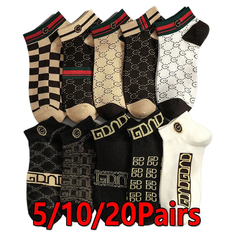 5/10/20 Pairs Winter Socks Men Short Breathable Luxury Socks Designer Brand Low-Cut Fashion Trendy Ankle Socks Geometric Pattern Quick Pick Grocers