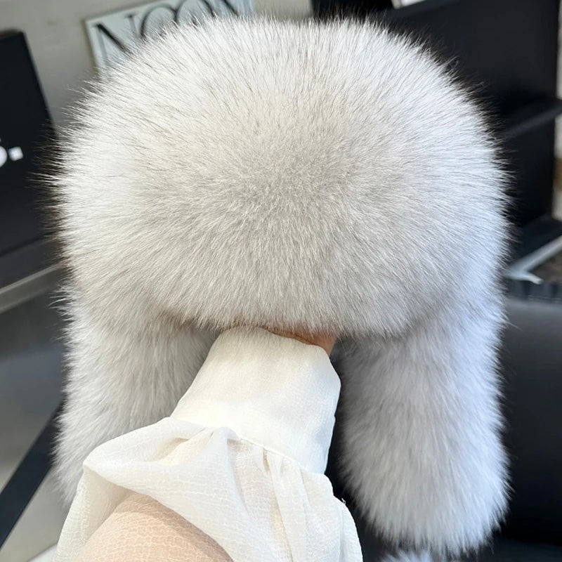 2025 100% Real Fox Fur Hats Women's Russian Ushanka Aviator Trapper Snow Skiing Hat Caps Earflap Winter Raccoon Fur Bomber Hat Purest Peak
