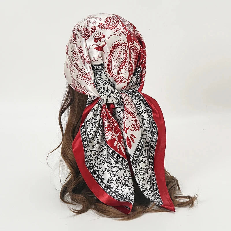 Satin Square Scarf Women Muslim Hijab Elegant 2025 Print Silk Neckerchief Shawl Wraps Headband Handle Hair Accessories Bandana Econic Blanks