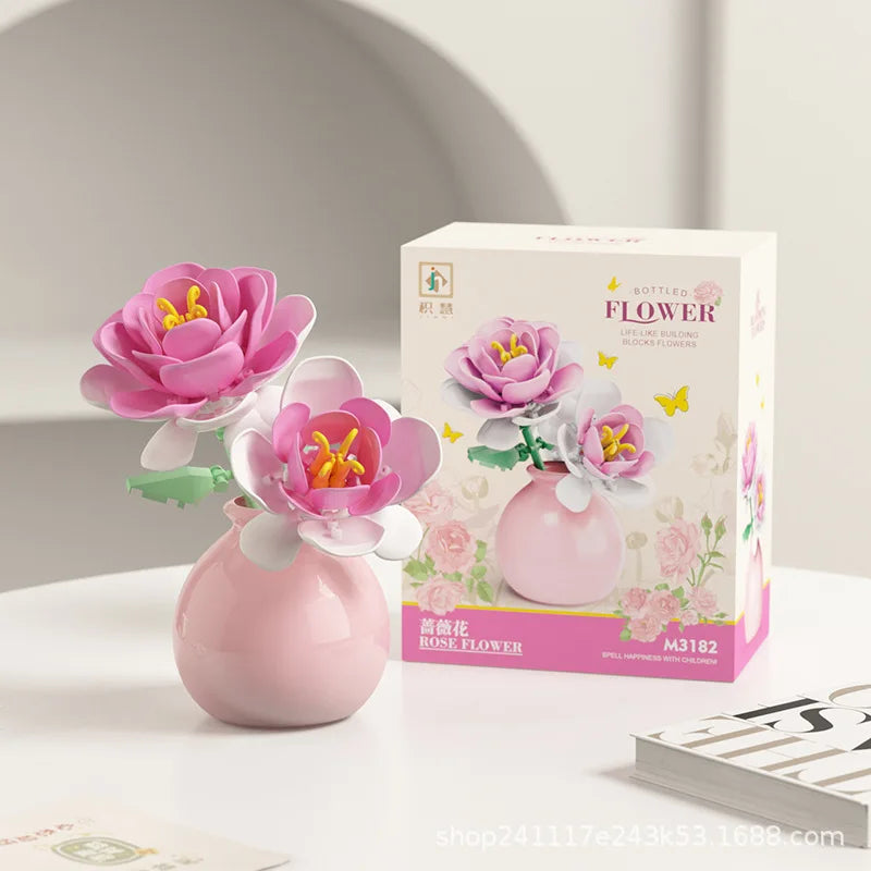 Building block pot plant bouquet of flowers, roses, lily building blocks, toys with flower pots, cute living room ornaments gift Quick Pick Grocers