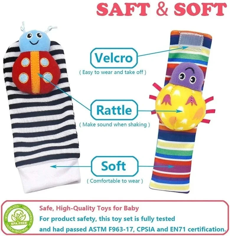 4Pcs Baby Toy 0-12 Months Baby Rattles Toys Animal Socks Wrist Strap + Rattle Baby Foot Socks Bug Wrist Strap Baby Socks New Econic Blanks