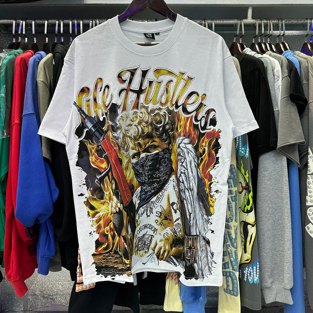 Praying Angel Shinning Diamond Cotton Short Sleeve Tshirts for Men and Women Crew Neck Loose Summer T-shirt Oversized Tees Quick Pick Grocers