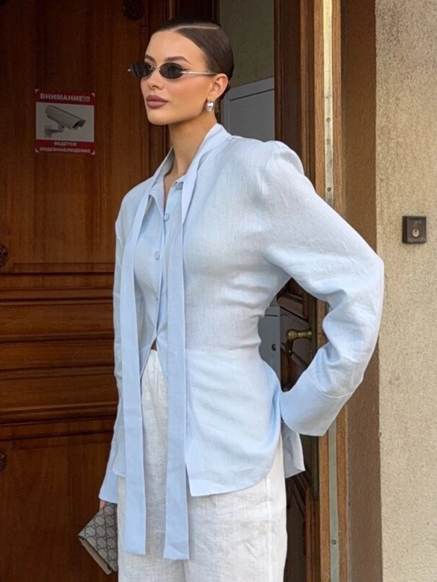 Wolfeel 100% Cotton New Autumn Tie Belted Shirt Women's  Floating Ribbon Cardigan Top Commuting Slim Blouse Quick Pick Grocers