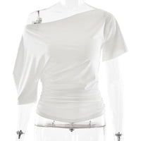 Off Shoulder Ruched Crop Top Women Basics Solid Color Skew Collar Short Sleeve T-shirts Summer Casual Streetwear Tees Quick Pick Grocers