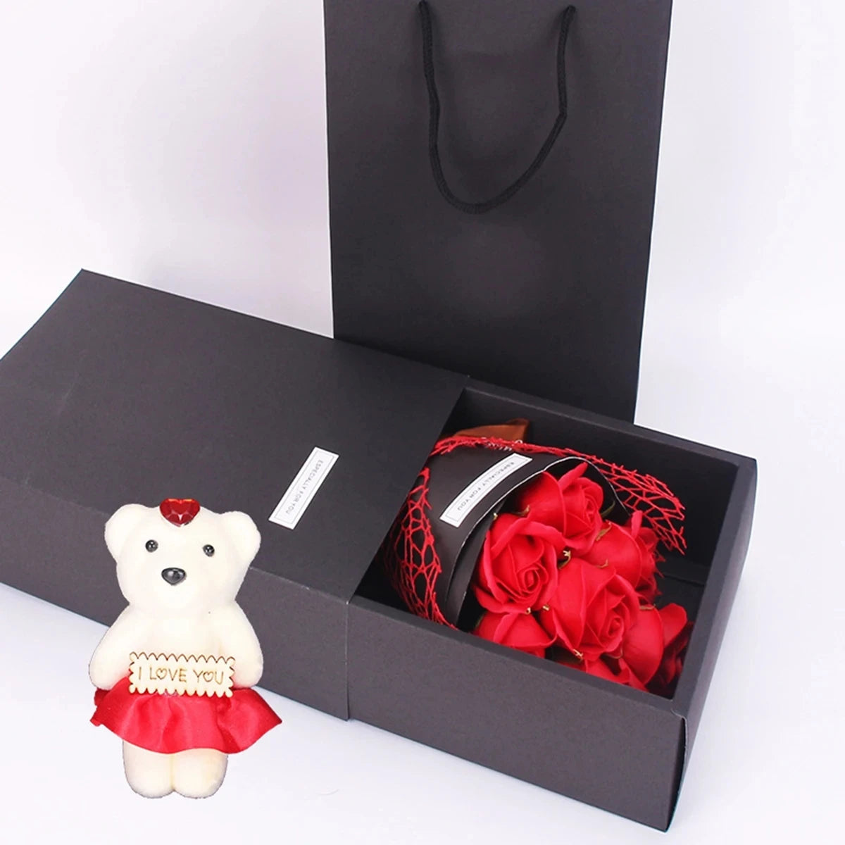 1Pc Handmade 7 Rose Soap Bouquet Little Bear Gift Box Creative Valentine's Day Mother's Day Birthday Party Rose Flower Gifts Quick Pick Grocers
