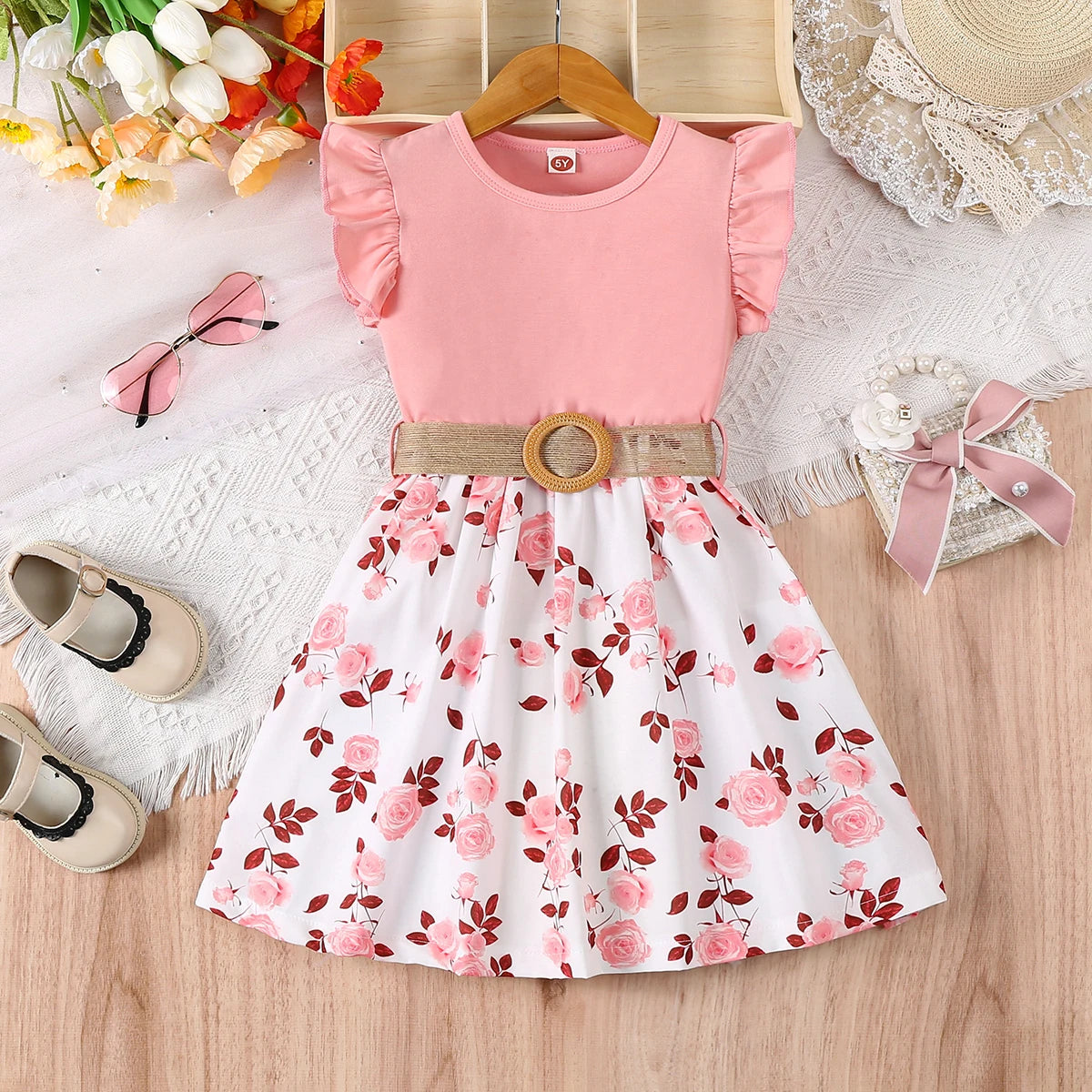 Girl's casual romantic floral print with ruffled edges and small flying sleeves, waist cinching dress (including belt), summer Quick Pick Grocers