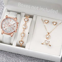 5/6PCS Fashion Women's Quartz Watch Leather Band Analog Wrist Watches Heart Rhinestone Jewelry Set(Without Box) Quick Pick Grocers