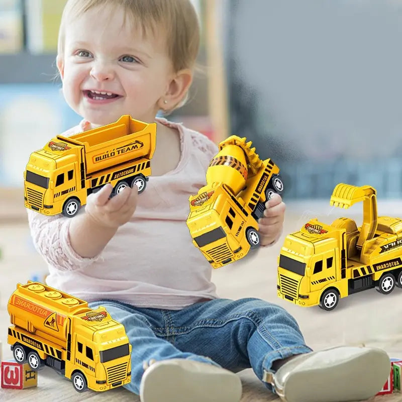 4 Pack Pull Back Cars, Friction Powered Toy Vehicles Construction Set - Dump Truck Crane for Toddlers Boys Girls Gift Quick Pick Grocers