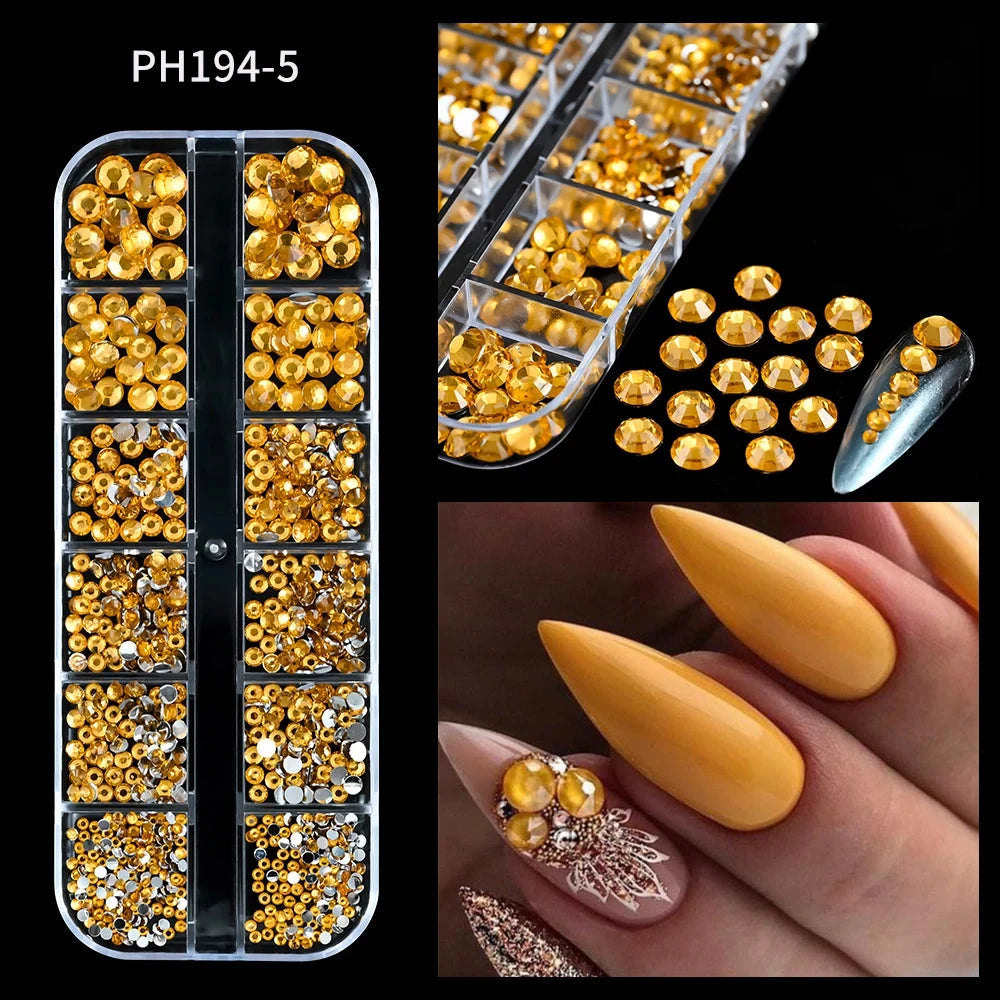 12Grids SS6-SS30 Mixed Nail Rhinestones Shiny Clear/Gold/Pink/Blue Diamond Flat-back Nail Gems Glass Stones Nails Decoration Econic Blanks