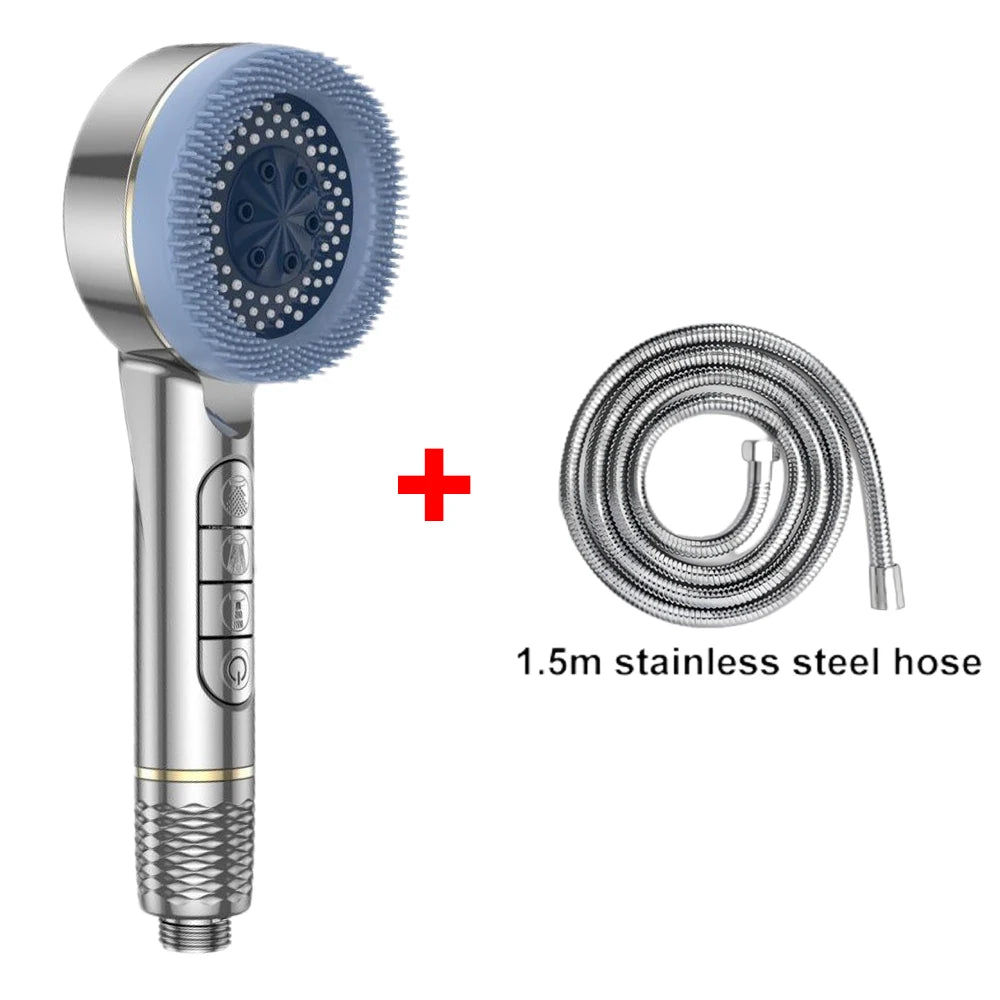 4 Modes Self-cleaning Shower Head with Silicone Brush One-Key Stop Water Massage High Pressure ABS Showerhead with Filter Quick Pick Grocers