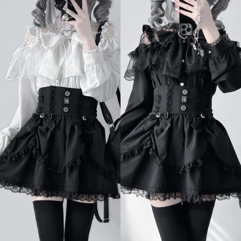 Japanese Kawaii Lolita Lace Patchwork Blouses Summer Women Harajuku Single Breasted Sweet Shirts Cute Girly JK Bow Tops Blusas Quick Pick Grocers