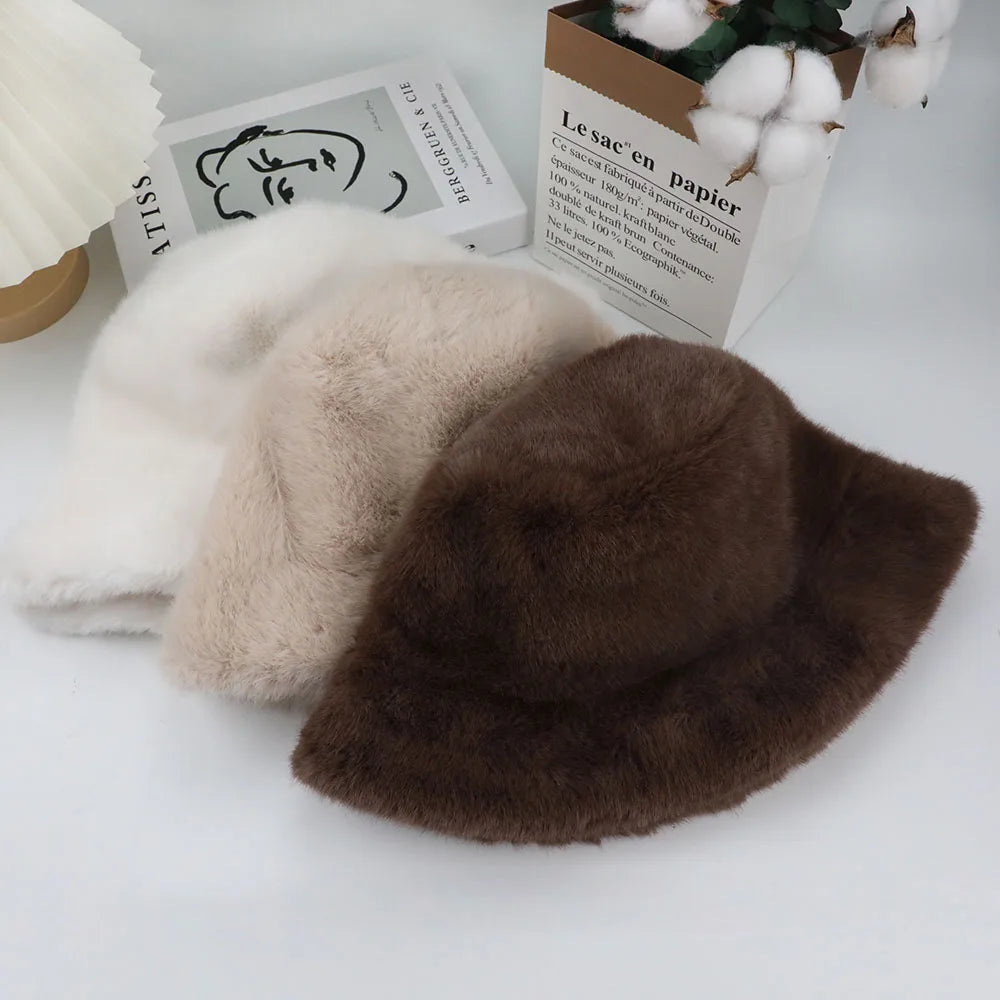 Fluffy Fur Fisherman Hat For Women Winter Plush Ear Protection Cap Windproof Warm Female Panama Caps Solid Fashion Bucket Hat Purest Peak
