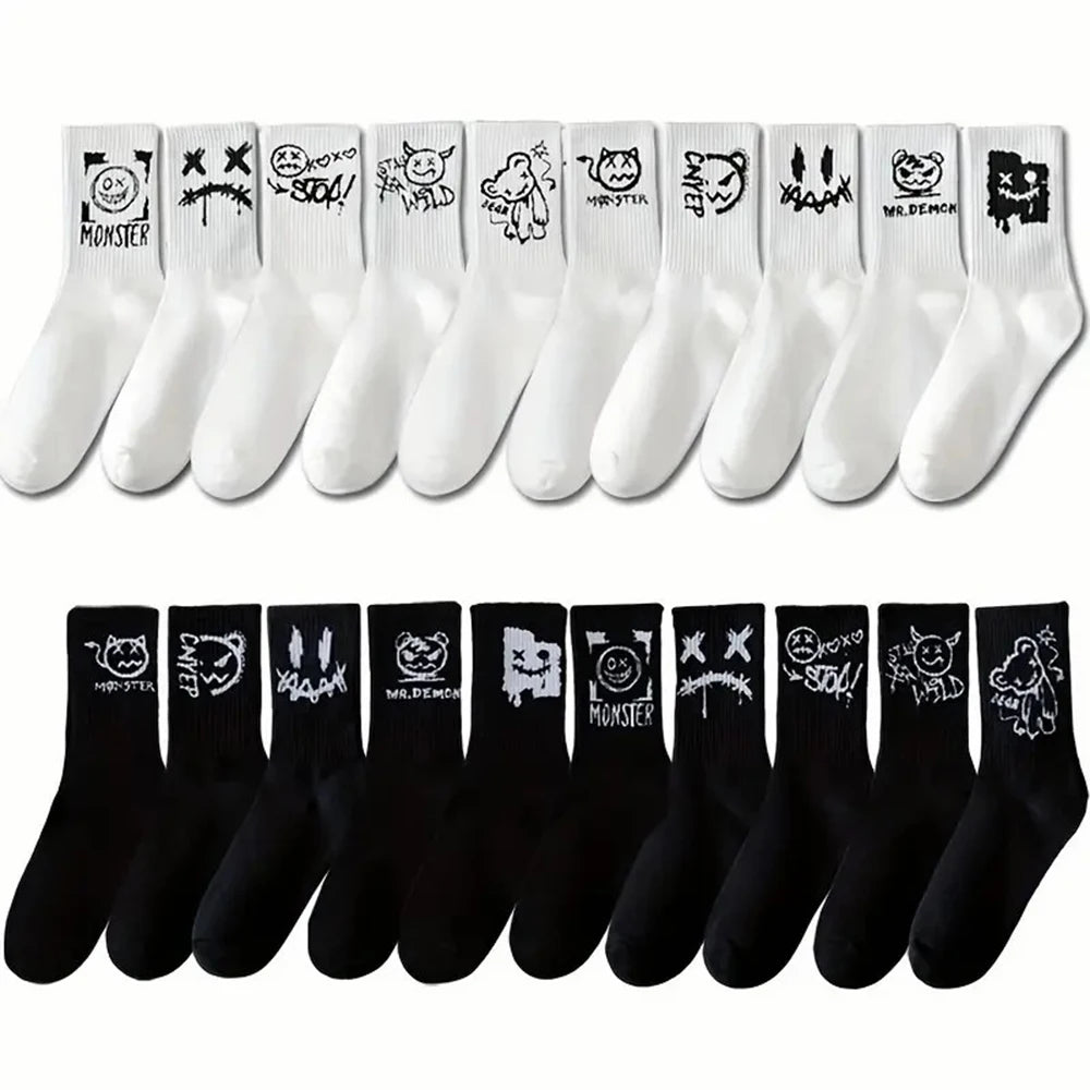 5/10 Pairs Men Women Graffiti Printed socks Street Style Soft Comfortable Sweat Absorbing Breathable Couple Sports Leisure Socks Quick Pick Grocers