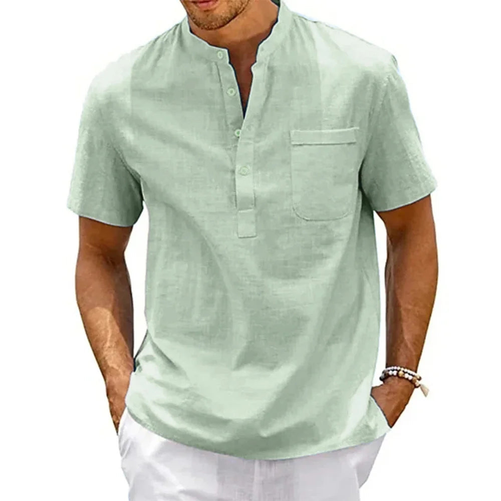Cotton Linen Shirt Men Henley Neck Pocket Casual Beach Short Sleeve Solid Color Male Tops T-shirts Vintage Streetwear Quick Pick Grocers