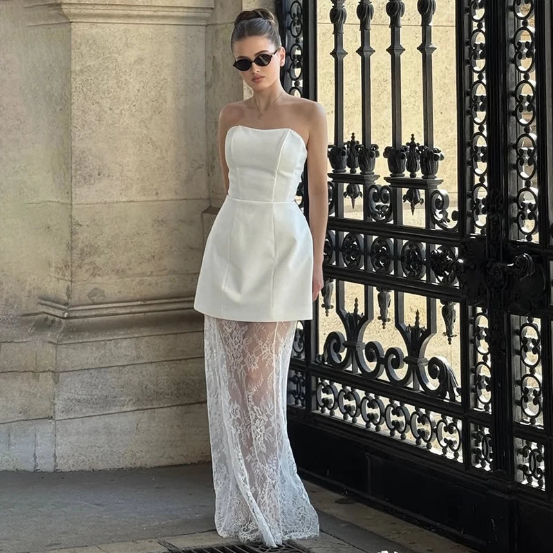 Tornova Strapless Lace Dress Sets Female Elegant Sexy Strap Vest High Waist Splice Long Skirt Ladies Slim Banquet 2 Pieces Set Quick Pick Grocers