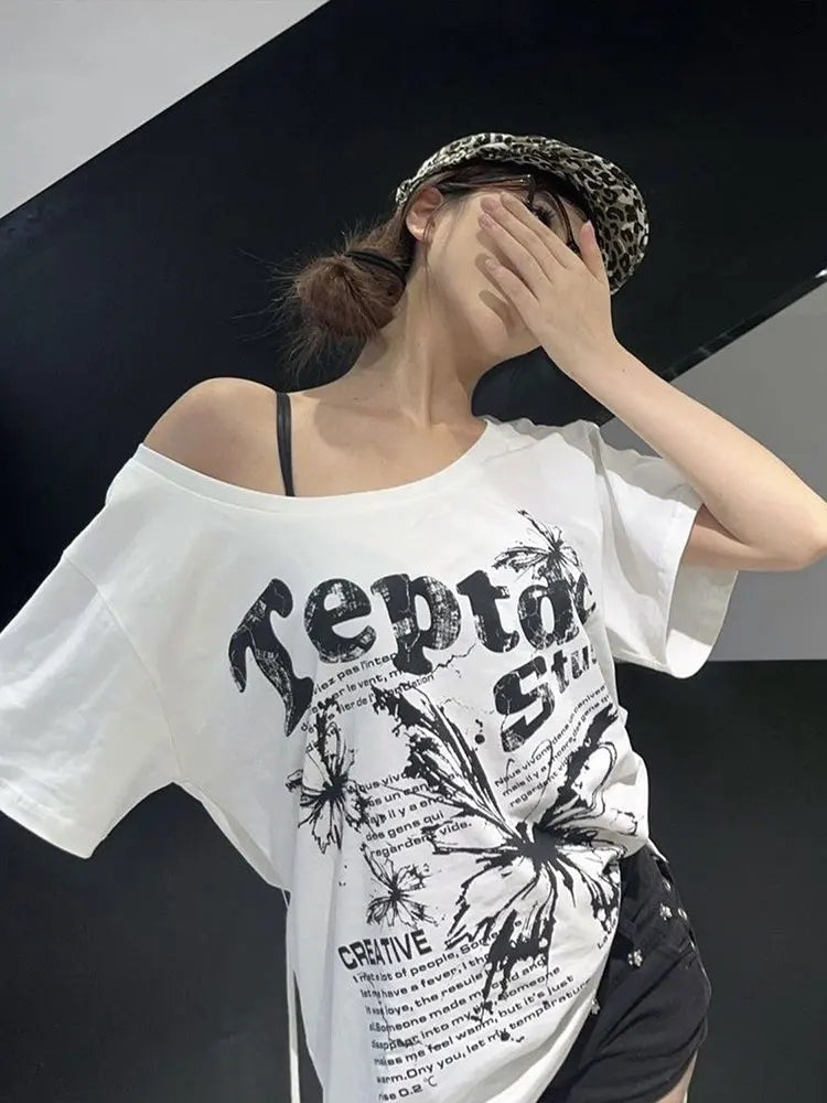 White Y2k Vintage Oversize Off shoulder Short sleeve T shirt With Print Women Casual Graphic Summer Top Butterfly Tees Quick Pick Grocers