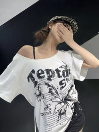 White Y2k Vintage Oversize Off shoulder Short sleeve T shirt With Print Women Casual Graphic Summer Top Butterfly Tees Quick Pick Grocers