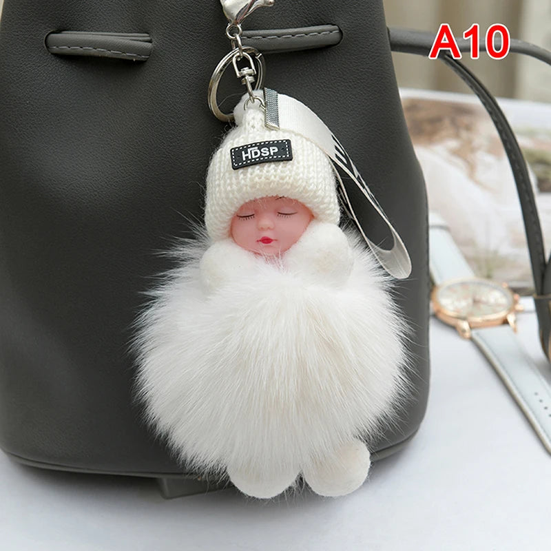 Pompom Sleeping Baby Keychain Cute Fluffy Plush Doll Keyholder Women Girl Bags Keyrings Cars Key Ring Gift Charming Decoration Quick Pick Grocers