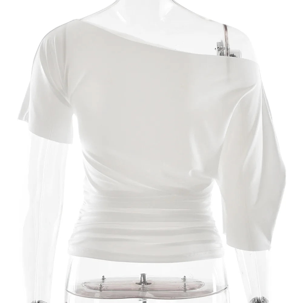 Off Shoulder Ruched Crop Top Women Basics Solid Color Skew Collar Short Sleeve T-shirts Summer Casual Streetwear Tees Quick Pick Grocers