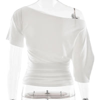 Off Shoulder Ruched Crop Top Women Basics Solid Color Skew Collar Short Sleeve T-shirts Summer Casual Streetwear Tees Quick Pick Grocers
