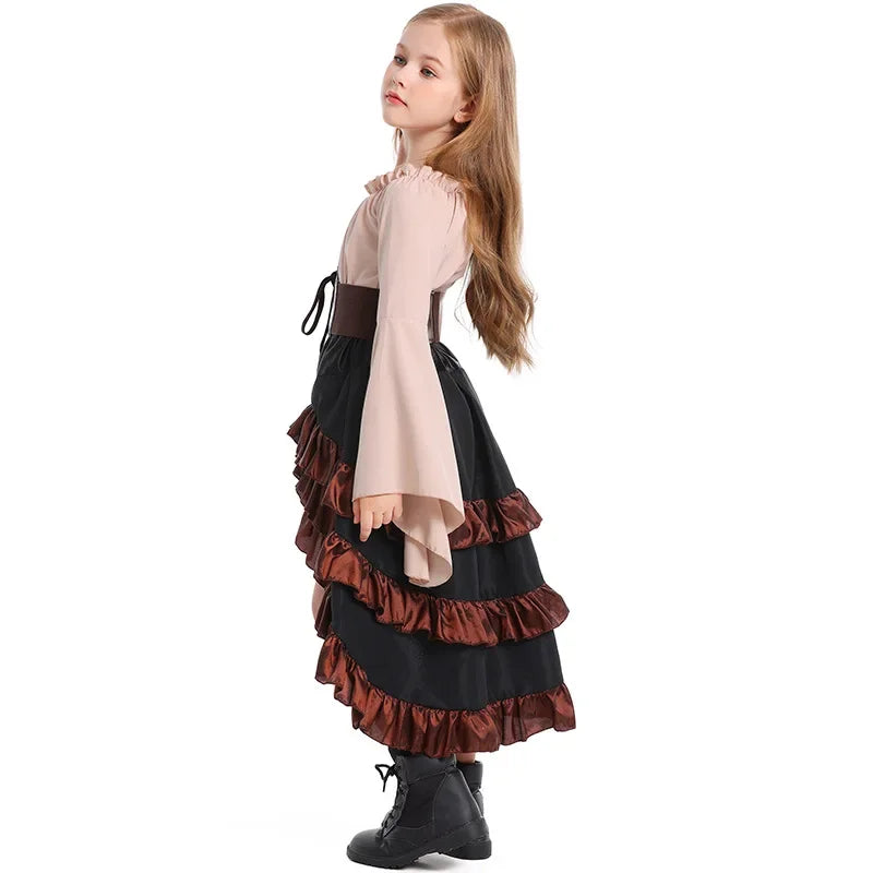 Halloween Kids Girls Medieval Pirate Cosplay Costume Captain Huntress Corset Dress Lace Up Retro Gothic Suit Fancy Party Dresses Quick Pick Grocers