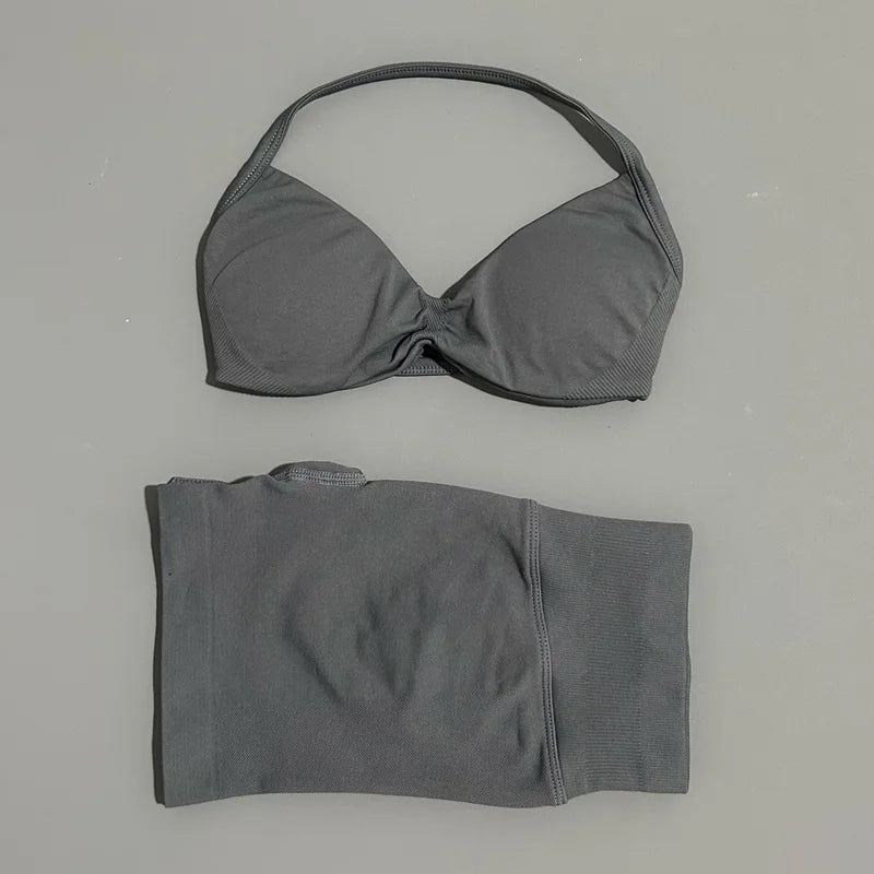 HISTELLO Gym Set 2 Piece Women Strappy Yoga Bra Top Workout Scrunch Shorts Sports Suit Fitness Clothes Seamless Yoga Set Quick Pick Grocers