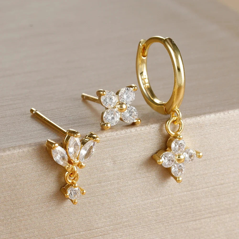 3PCS Fashion Orange Blue Zircon Hanging Earrings Set for Women Stainless Steel Flower Dangle Earring Piercing Jewelry Econic Blanks