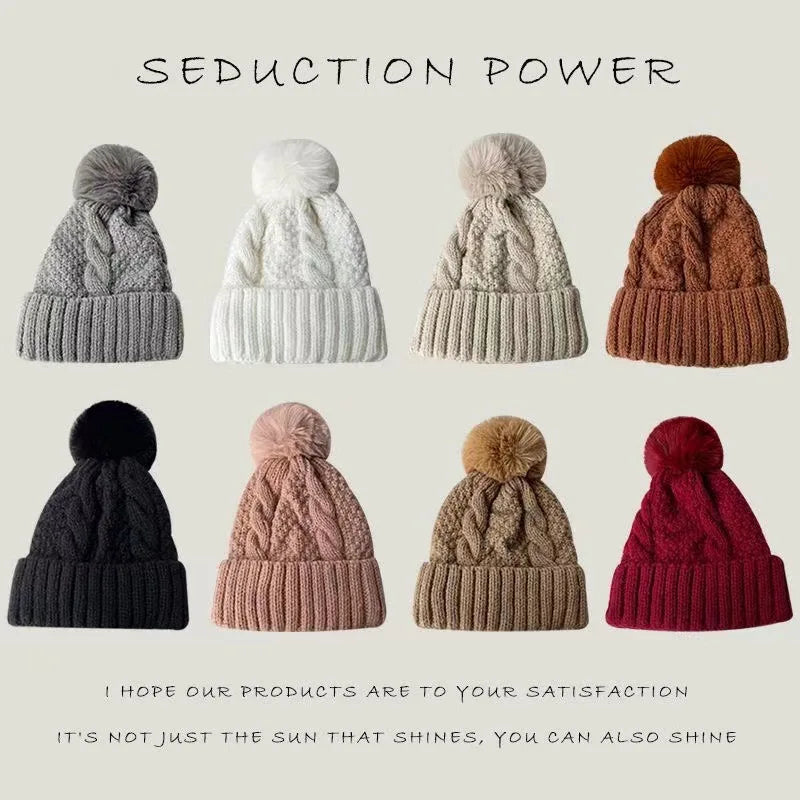New Winter Twist Knitting Hat For Women Fur Pompom Thick Plush Cap Beanie Solid Color Ladies Warm Ski Snow Skullies Beanies Purest Peak