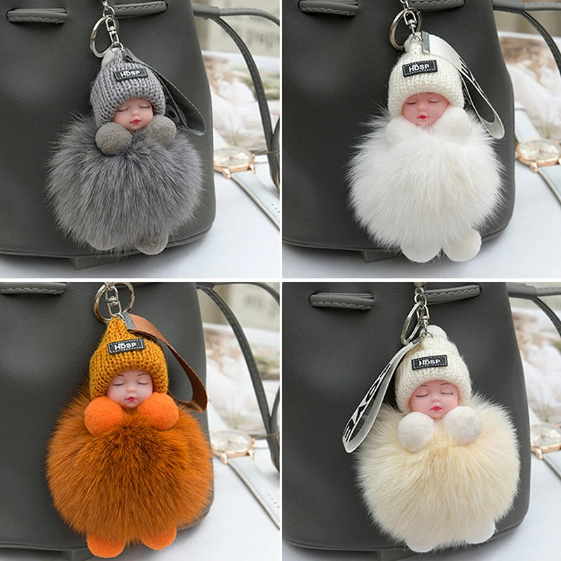 Pompom Sleeping Baby Keychain Cute Fluffy Plush Doll Keyholder Women Girl Bags Keyrings Cars Key Ring Gift Charming Decoration Quick Pick Grocers